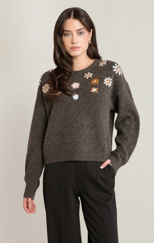 Black Tape Embroidered Flower Sweater