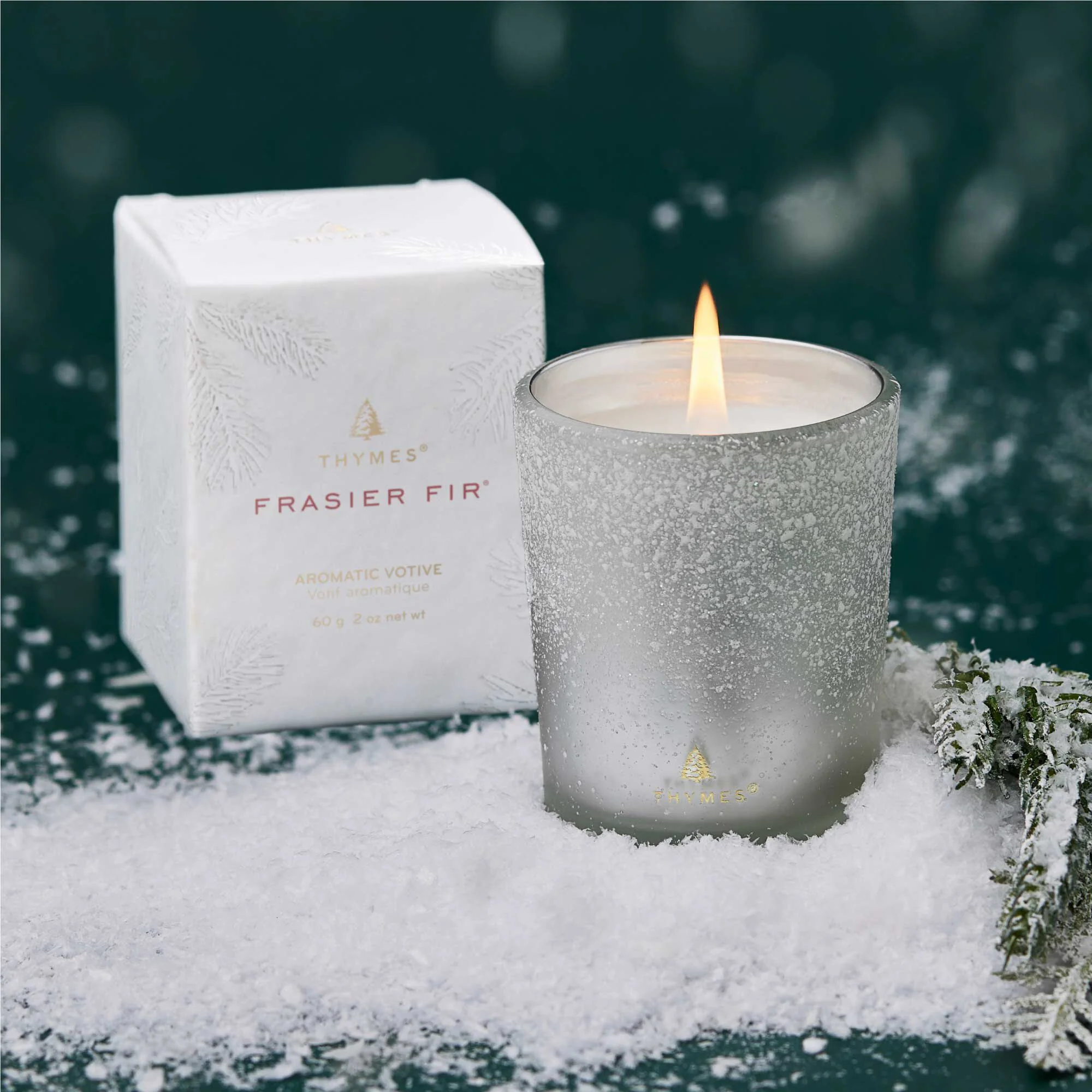 Thymes Flocked Votive Candle Frasier Fir 2oz
