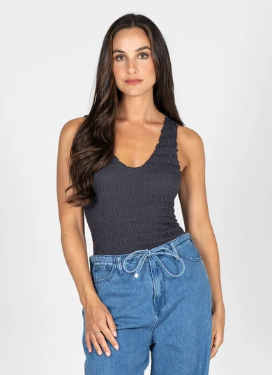 Cest Moi Seamless Smocked V Neck Tank