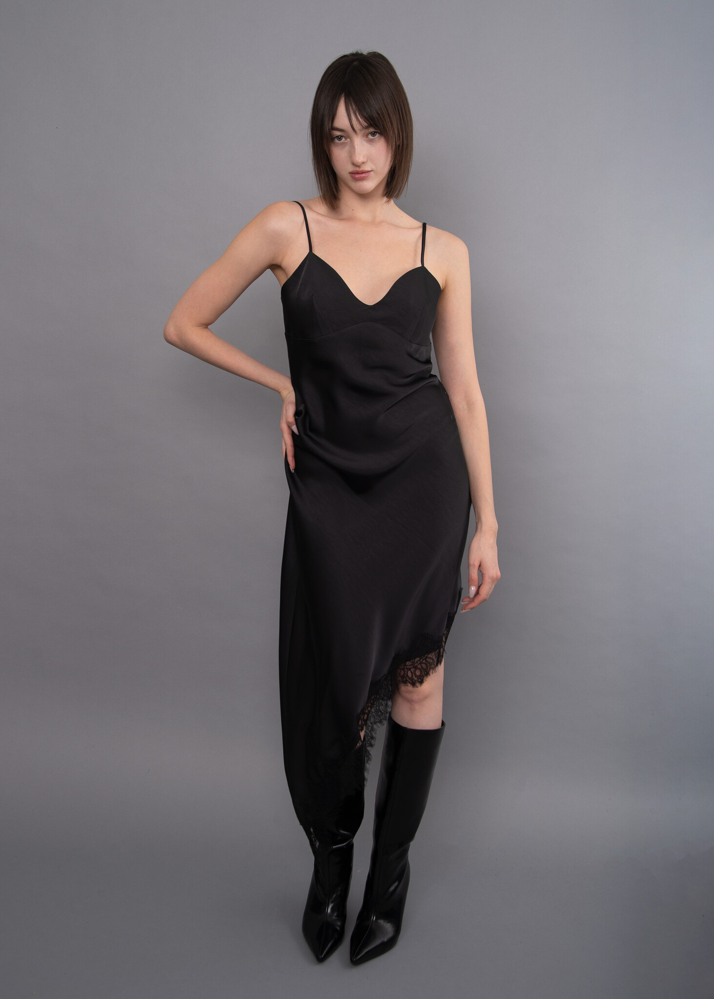 RD Style Colette Lace Trim Satin Asymetric Dress
