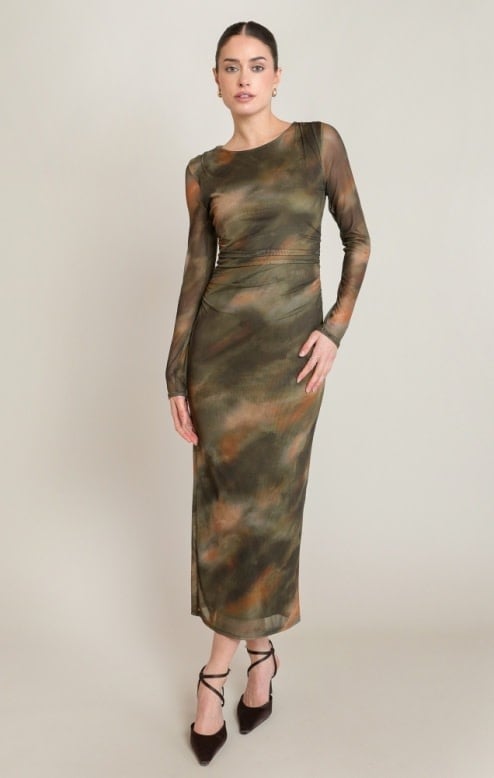Black Tape Printed Mesh Maxi Dress