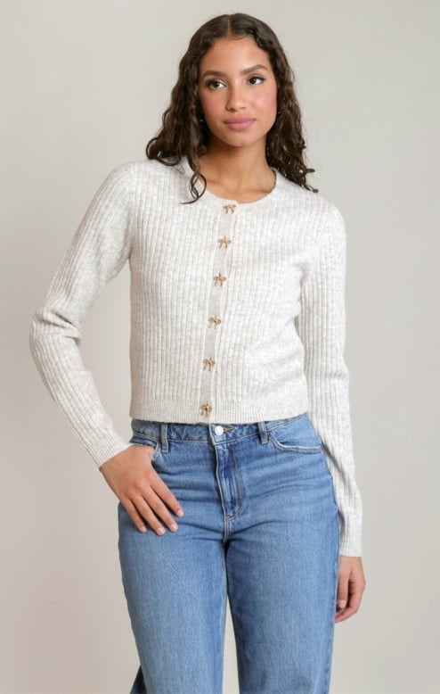 Dex Bow Button Cropped Cardigan