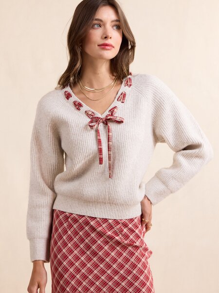 Sadie and Sage Hostess Plaid Lace Trim Sweater