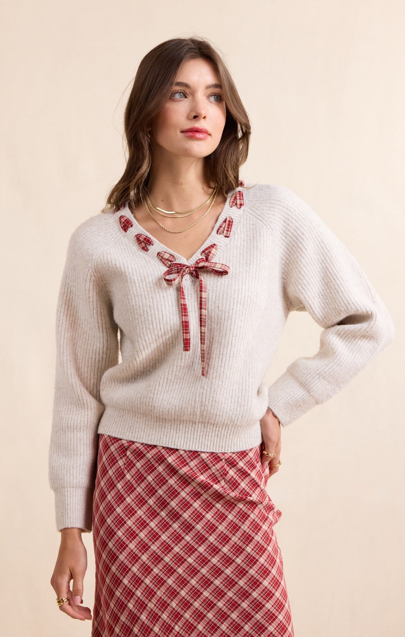 Sadie and Sage Hostess Plaid Lace Trim Sweater