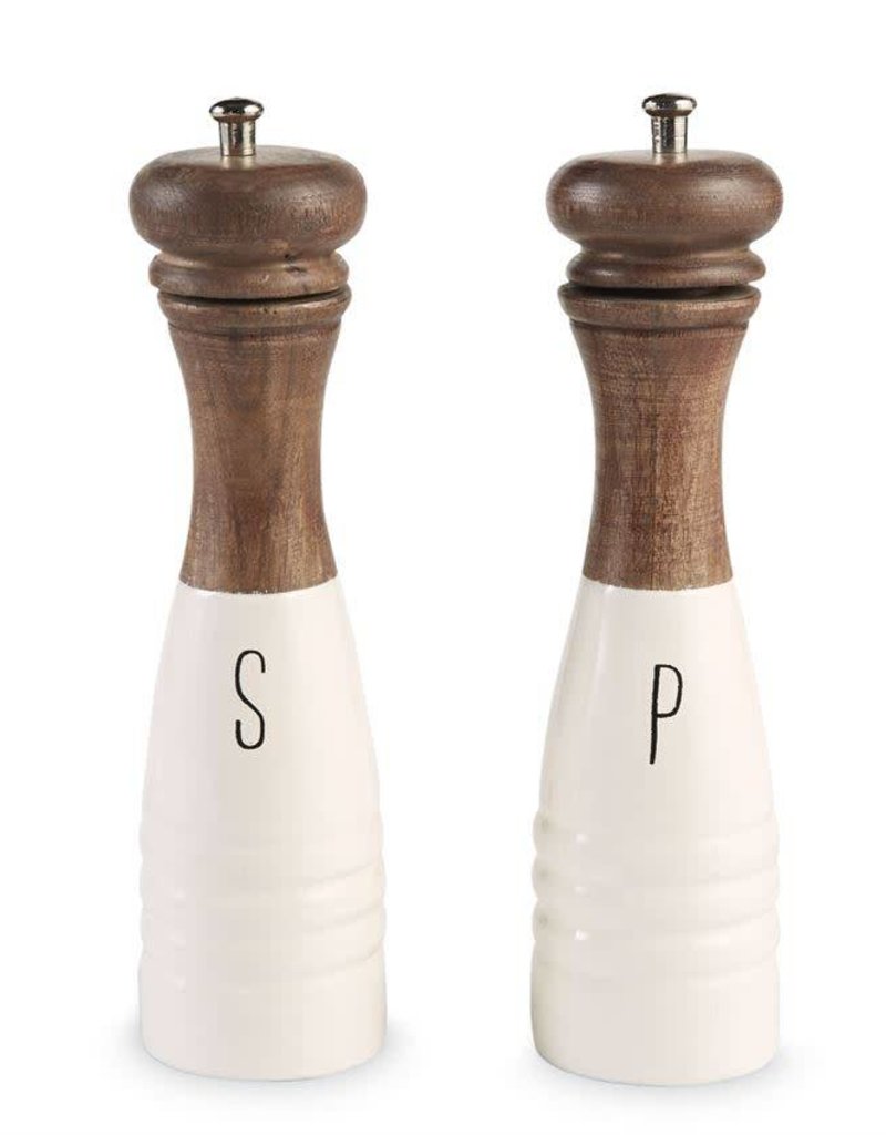 MUD PIE WOOD & ENAMEL SALT & PEPPER MILLS