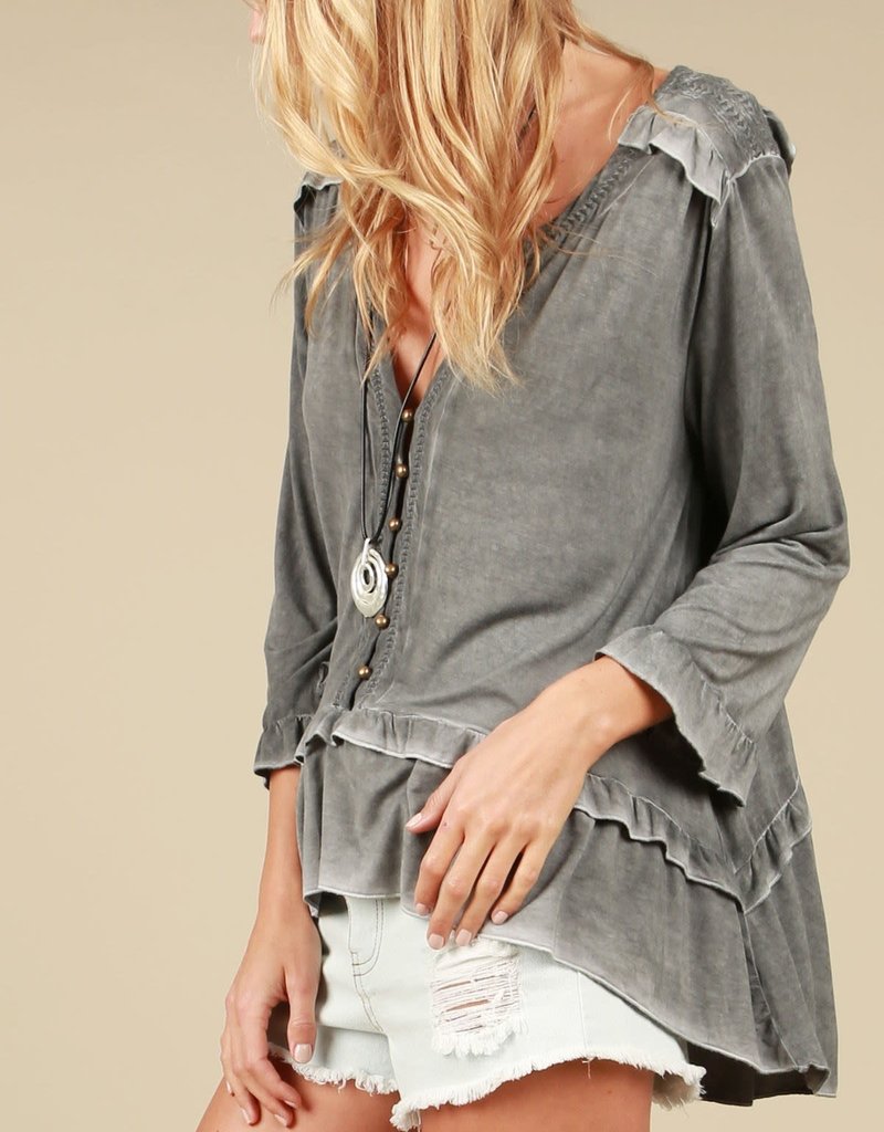RUFFLE BUTTON FRONT CHARCOAL
