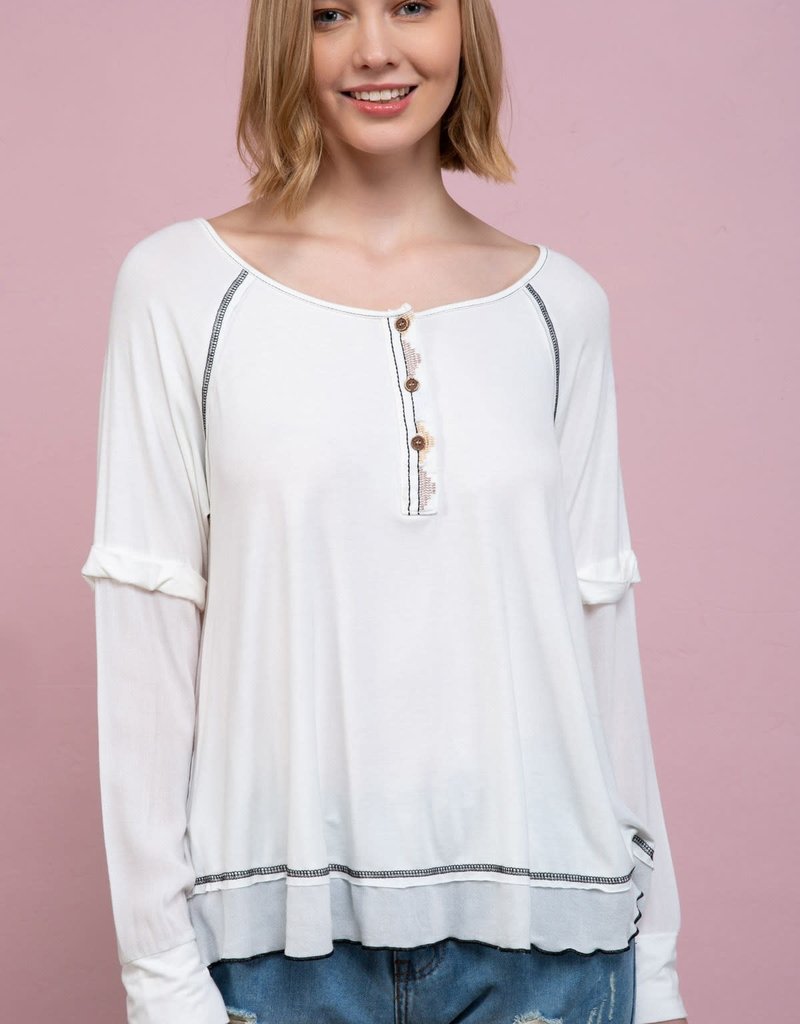 LONG SLEEVE CONTRAST STITCH TEE W/FRONT BUTTONS