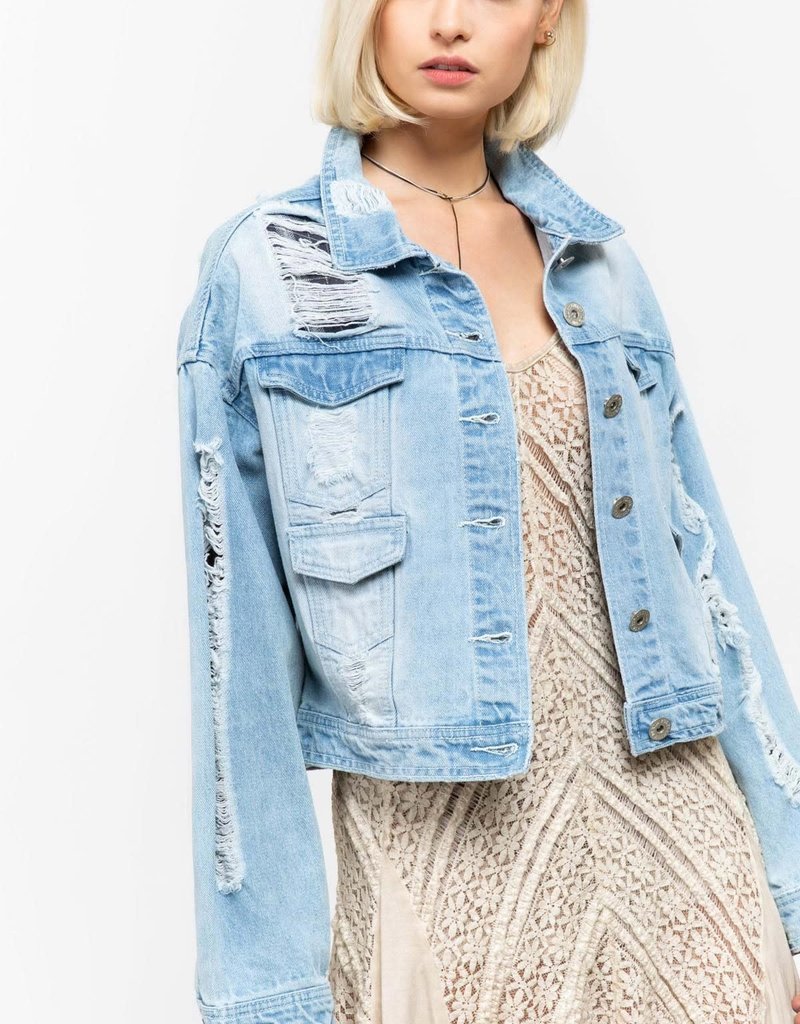 DISTRESSED DENIM JACKET W/PLAID AND RIPPED DETAIL
