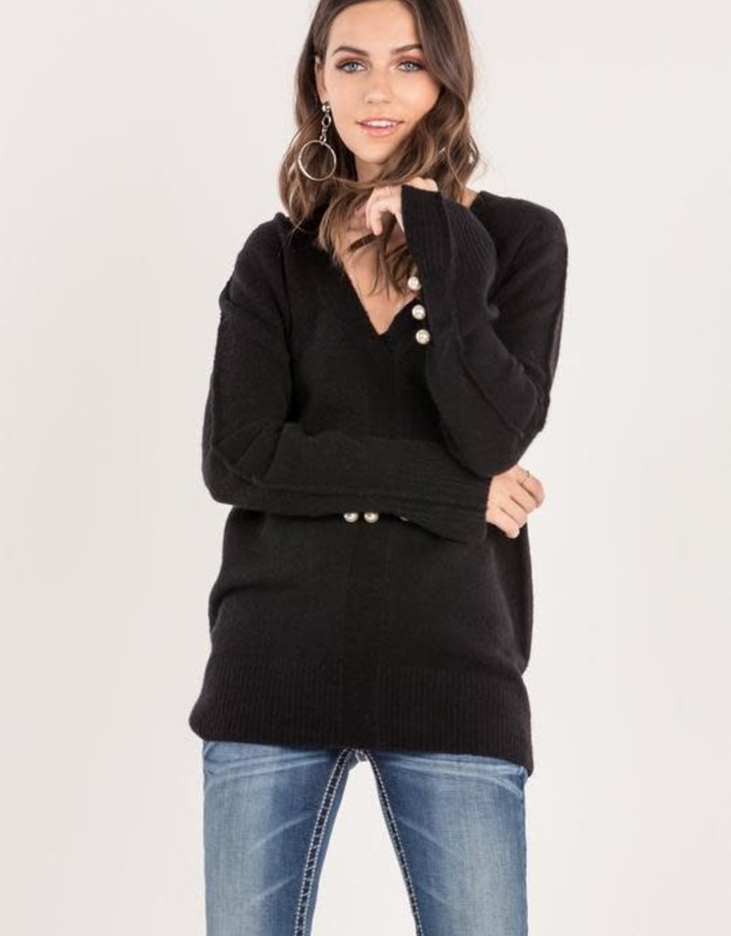 MISS ME VENTED CUFFS WITH PEARL ACCENT SWEATER
