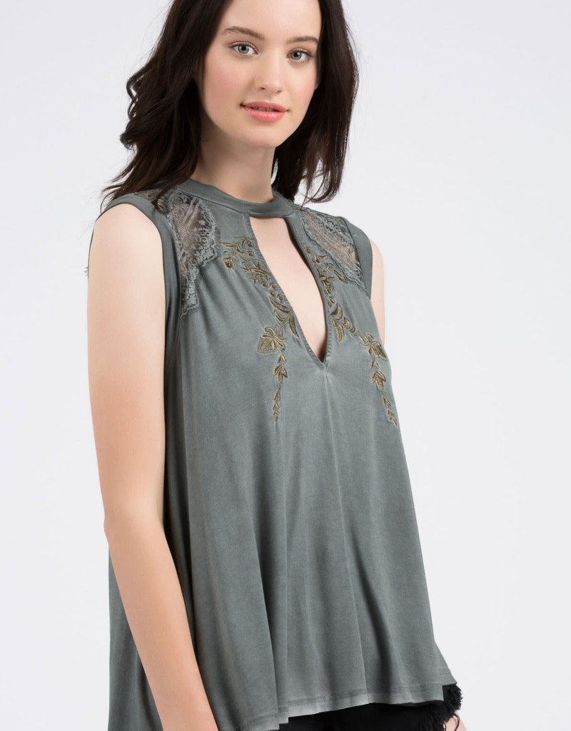 RING COLLAR SLEEVELESS TOP W/LACE INSERTS & BACK TIE