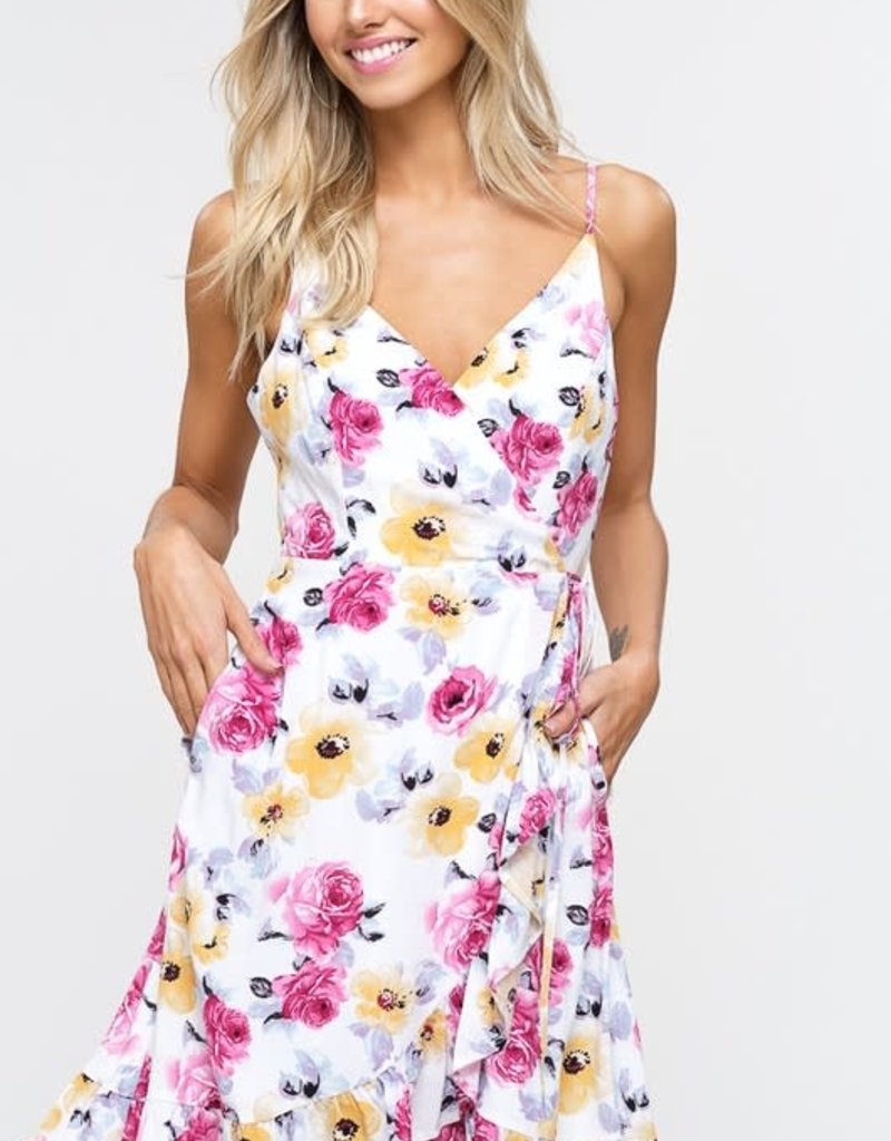 RUFFLE FLORAL WRAP DRESS IVORY