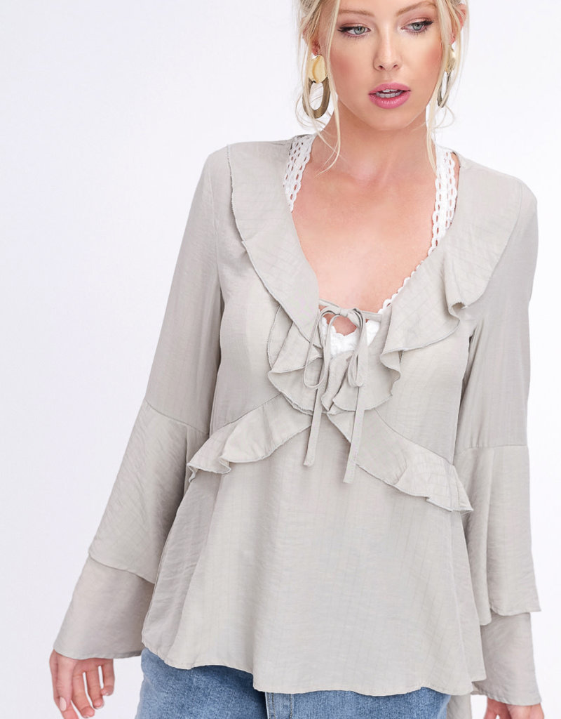 RUFFLE V-NECK BELL SLEEVE WOVEN TOP