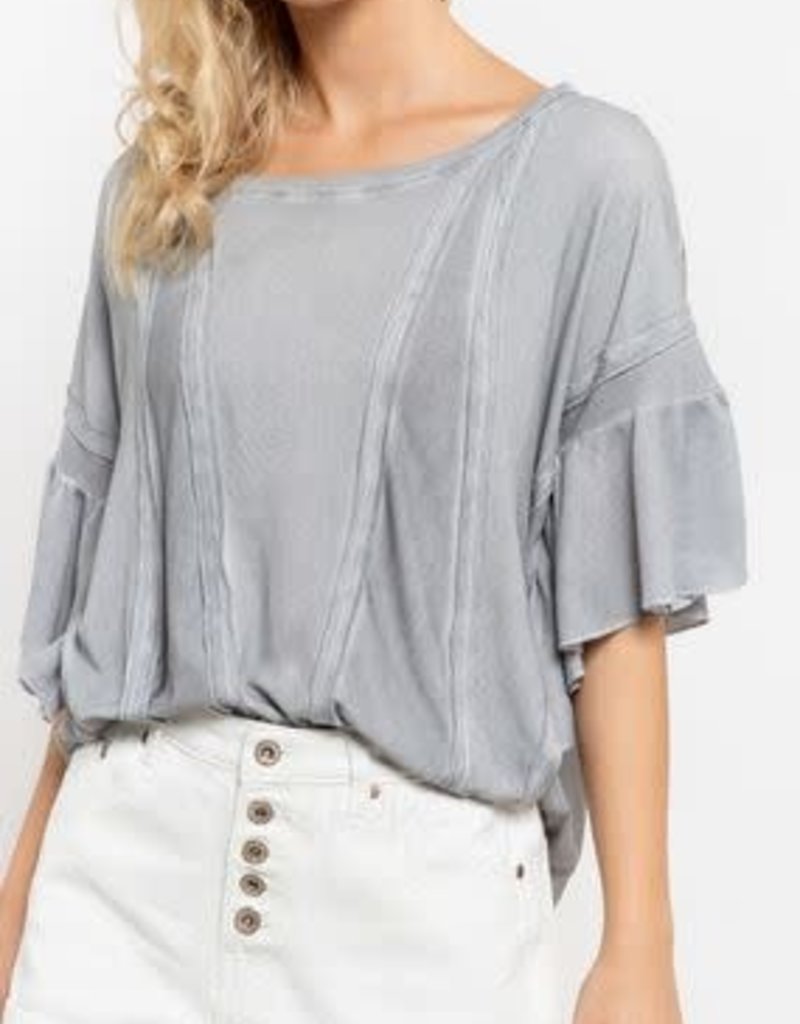 BOAT NECK BOXY KNIT TOP W/THERMAL RIBBED CONTRAST & RAW EDGE