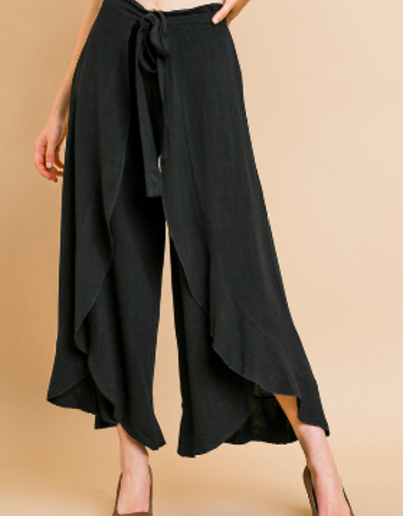 LINEN BLEND HIGH WAIST TULIP RUFFLE WIDE LEG PANT