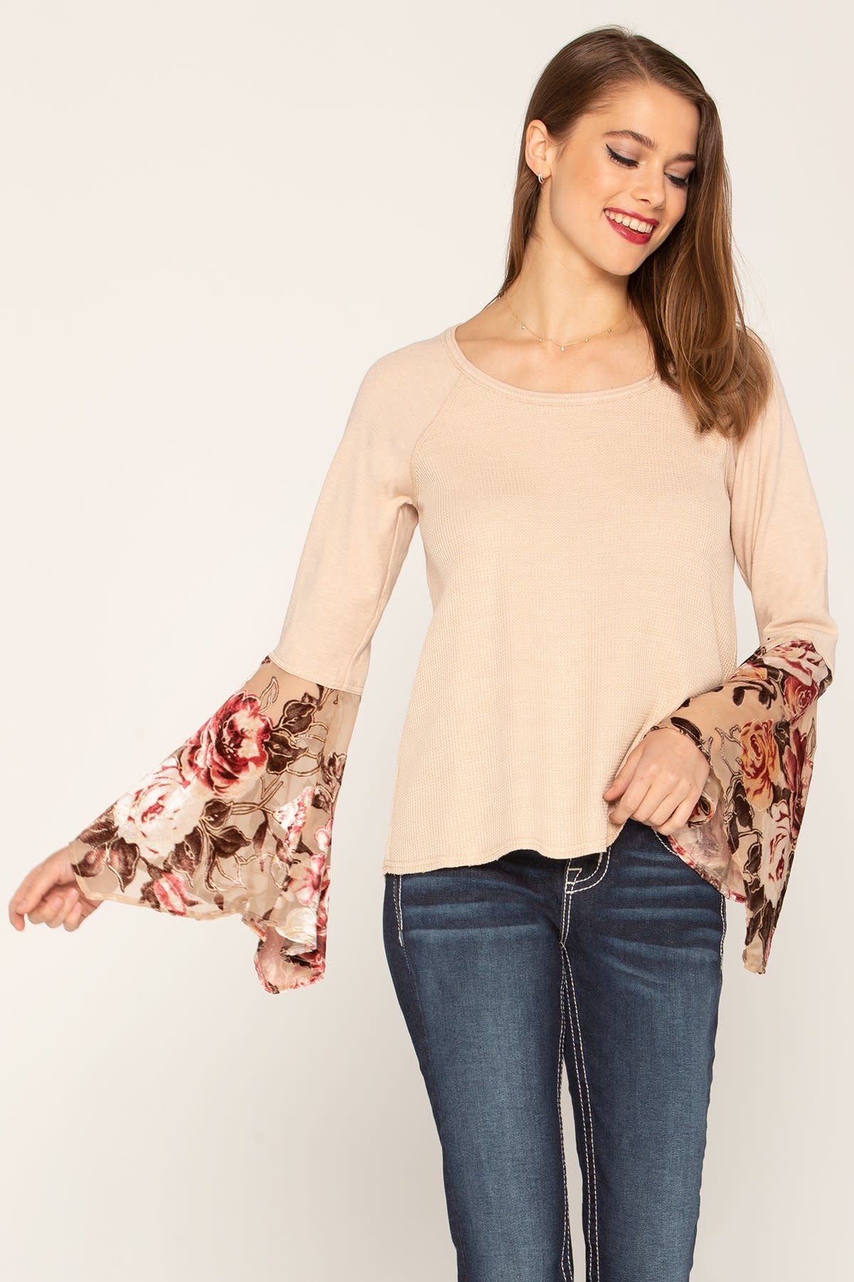 MISS ME CONTRAST FLORAL BURNOUT BELL SLEEVE TOP MISS ME CONTRAST FLORAL BURNOUT BELL SLEEVE TOP