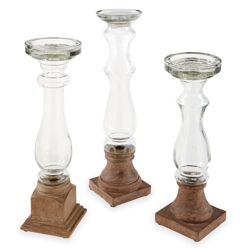 MUD PIE GLASS AND WOOD CANDLESTICKS