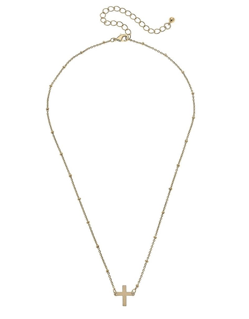 CANVAS HANNAH NECKLACE IN WORN GOLD, CROSS 16" ADJUSTABLE