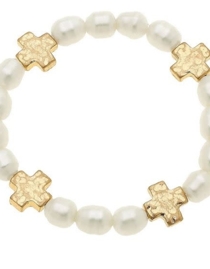 CANVAS SARAH CROSS BRACELET IN IVORY PEARL, STRETCH