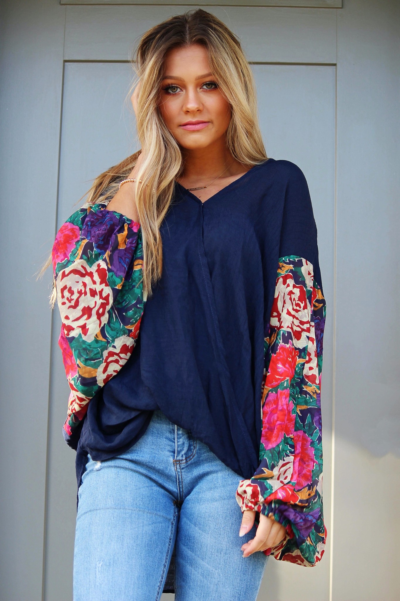 SHEER FLORAL-SLEEVE CROSSOVER TOP - NAVY SHEER FLORAL-SLEEVE CROSSOVER TOP - NAVY