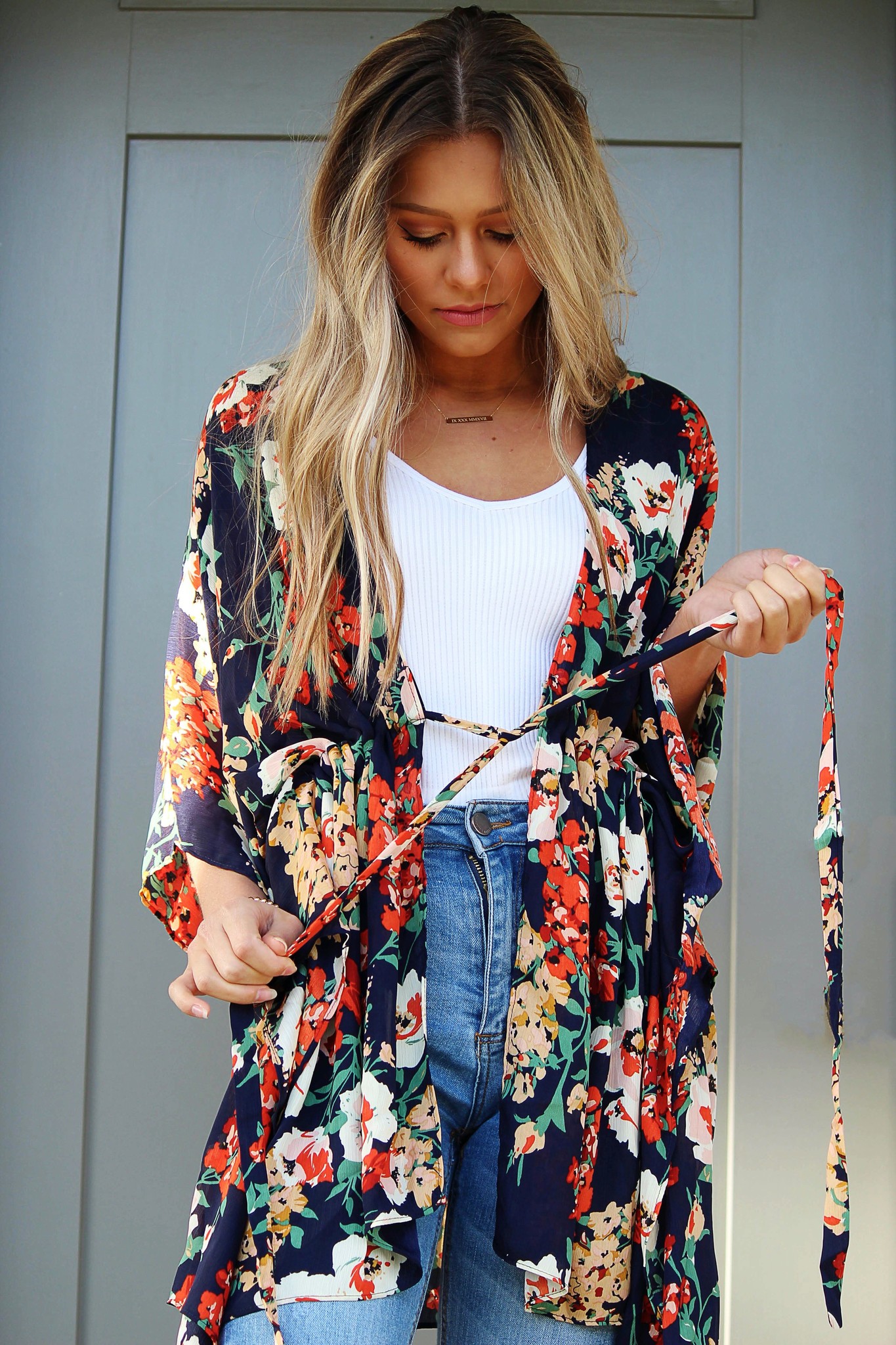 Floral Bell Sleeve Tie Kimono Floral Bell Sleeve Tie Kimono