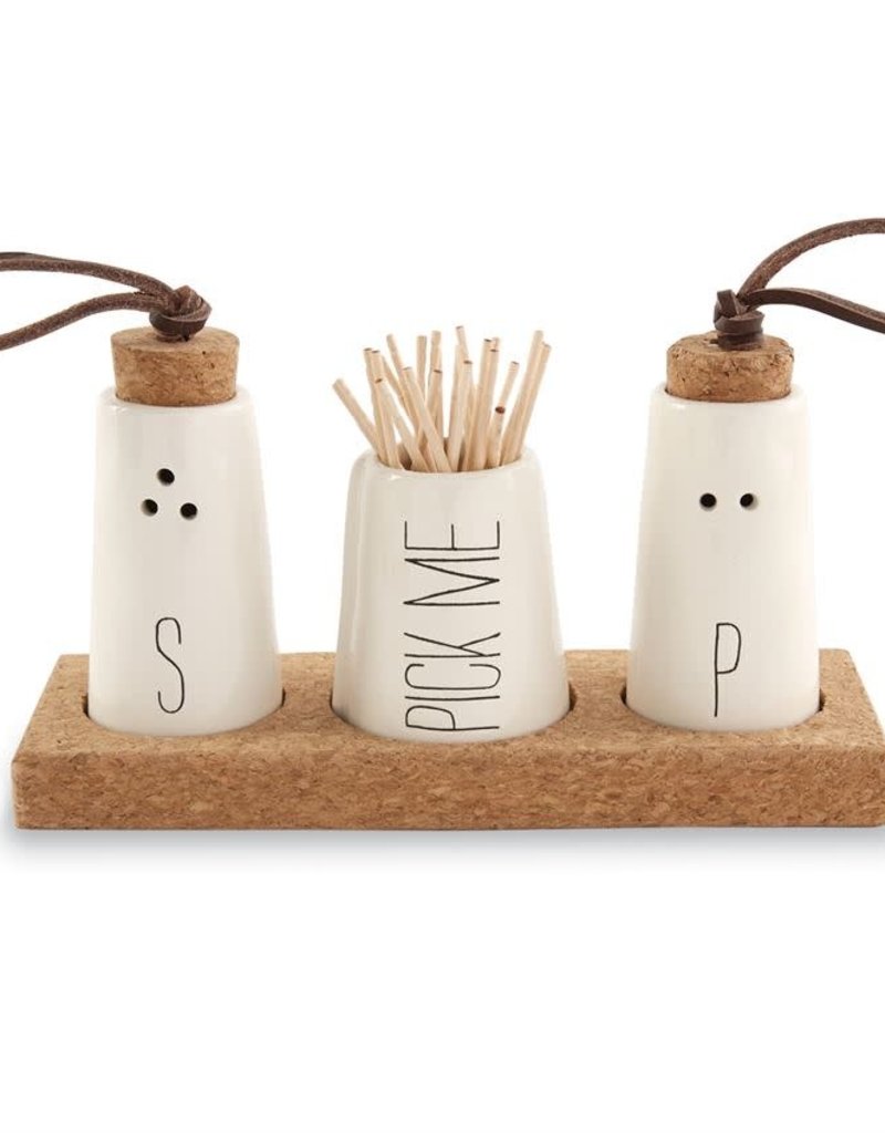 MUD PIE SALT, PEPPER & TOOTHPICK HOLDER SET