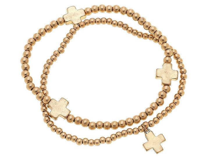 CANVAS ARIA LAYERED SPHERE BRACELET IN WORN GOLD- CROSS CANVAS ARIA LAYERED SPHERE BRACELET IN WORN GOLD- CROSS