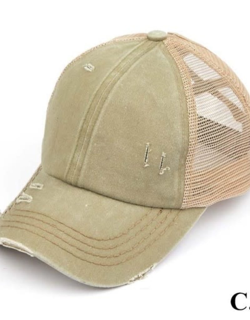 C.C BEANIES DISTRESSED CRISS CROSS PONY CAP-OLIVE