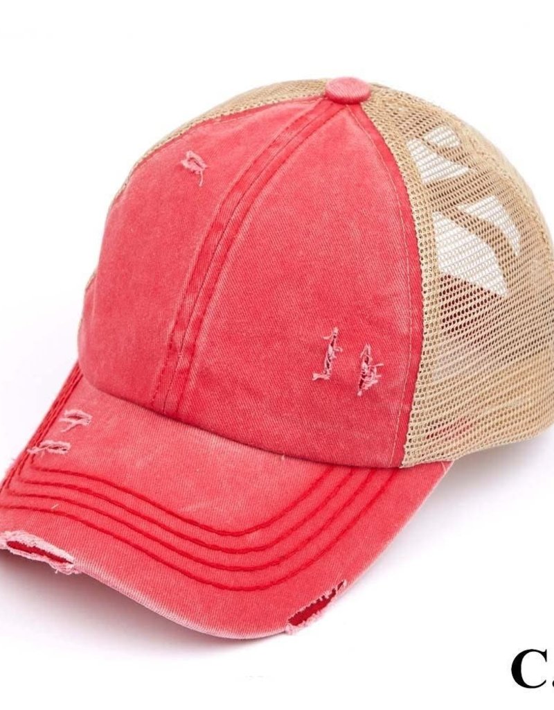 C.C BEANIES DISTRESSED CRISS CROSS PONY CAP-RED