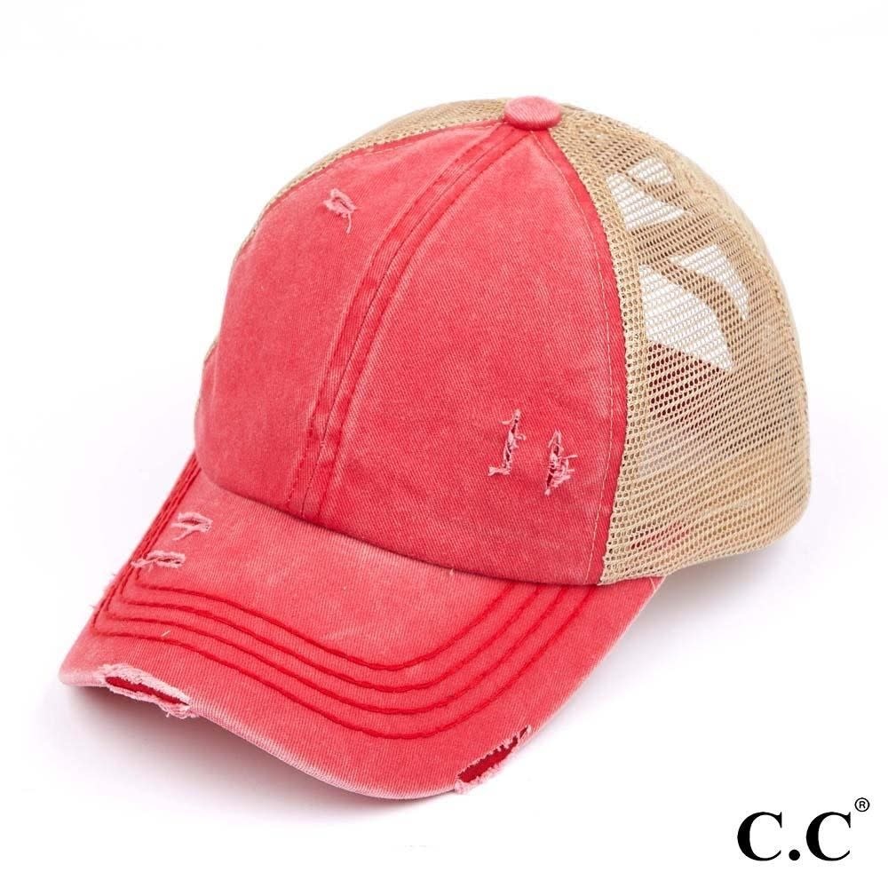 C.C BEANIES DISTRESSED CRISS CROSS PONY CAP-RED C.C BEANIES DISTRESSED CRISS CROSS PONY CAP-RED