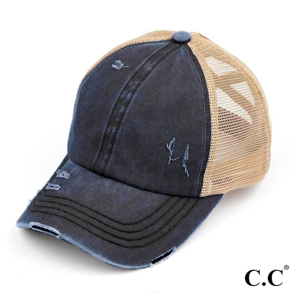 C.C BEANIES DISTRESSED CRISS CROSS PONY CAP-NAVY C.C BEANIES DISTRESSED CRISS CROSS PONY CAP-NAVY