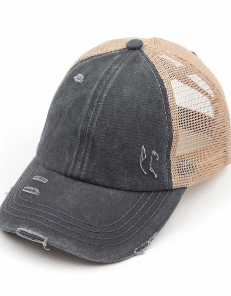 C.C BEANIES DISTRESSED CRISS CROSS PONY CAP-CHARCOAL