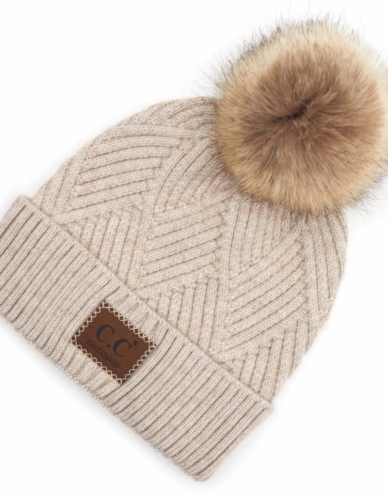 C.C BEANIES KNIT FUR POM BEANIE W/LEATHER PATCH-BEIGE