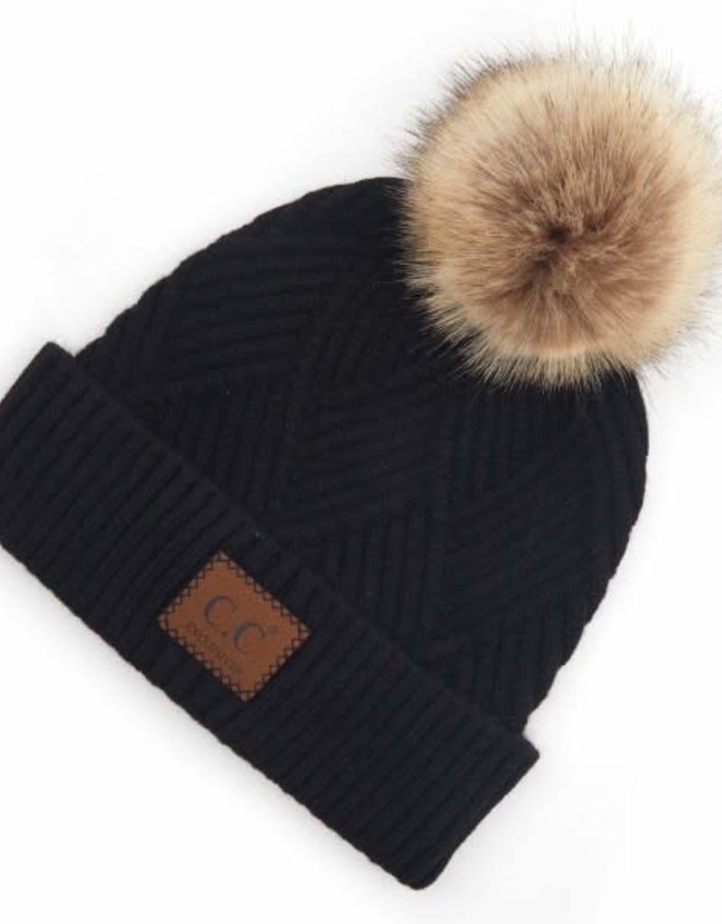C.C BEANIES KNIT FUR POM BEANIE W/LEATHER PATCH-BLACK