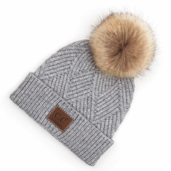 C.C BEANIES KNIT FUR POM BEANIE W/LEATHER PATCH-LT MELANGE GRAY MIX C.C BEANIES KNIT FUR POM BEANIE W/LEATHER PATCH-LT MELANGE GRAY MIX