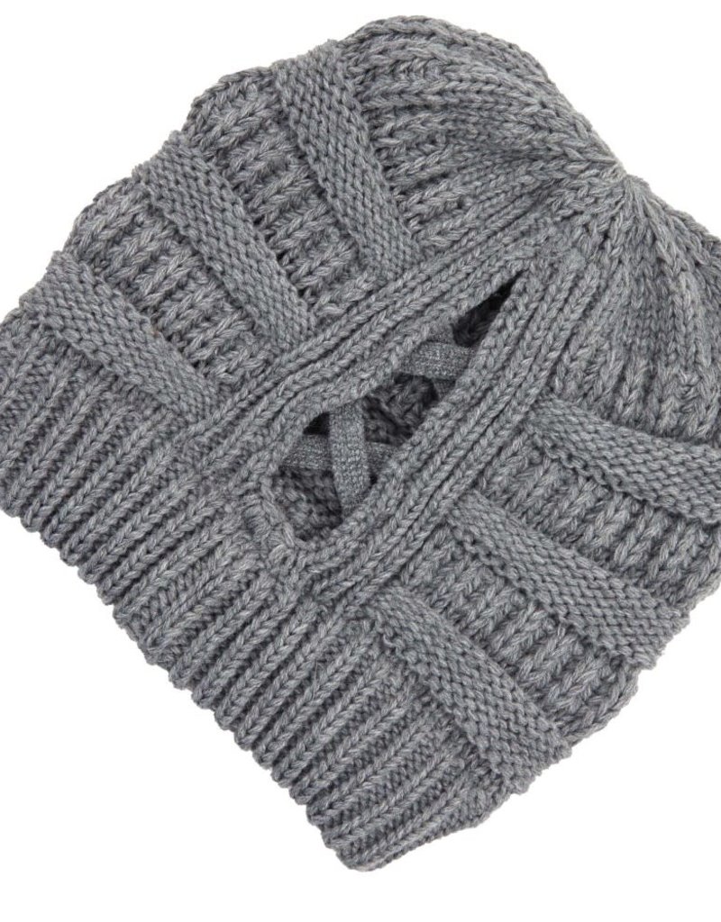 C.C BEANIES CRISS-CROSS PONYTAIL BEANIE- LT MELANGE GRAY