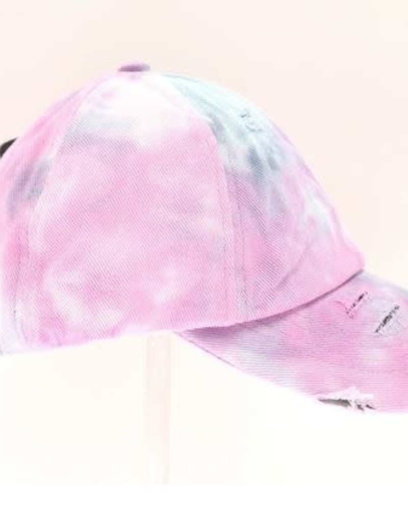C.C BEANIES TIE DYE CRISS CROSS HI PONY BALL CAP- BABY PINK
