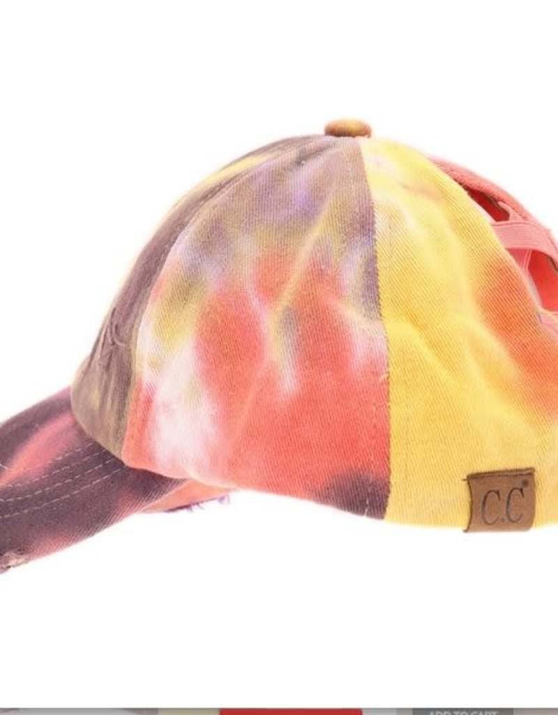 C.C BEANIES TIE DYE CRISS CROSS HI PONY BALL CAP- CORAL
