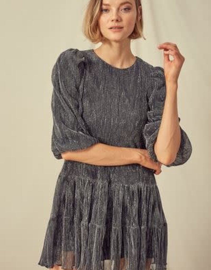 BLACK SHIMMER GATHERED SHOULDER DRESS