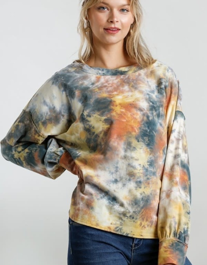 TIE DYE TWISTED COLLAR CUFFED LS TOP