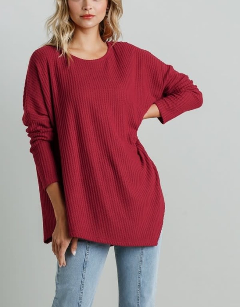 WAFFLE KNIT LS TOP W/ASYMMETRICAL HEM