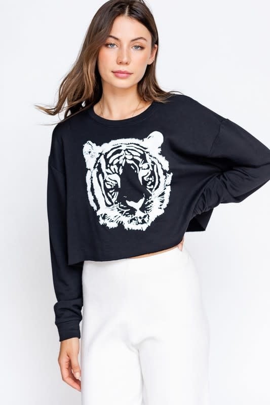 LE LIS TIGER SCREEN PRINT CROPPED TOP LE LIS TIGER SCREEN PRINT CROPPED TOP