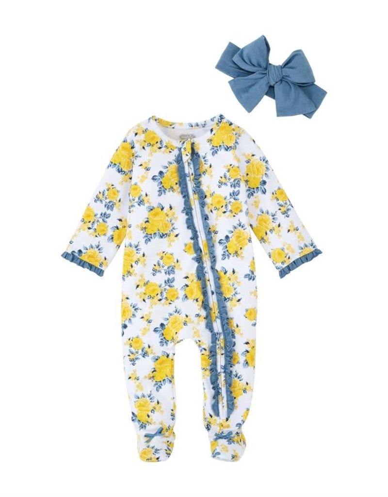 MUD PIE BLUE FLORAL SLEEPER & HEADBAND SET 3-6 MONTHS