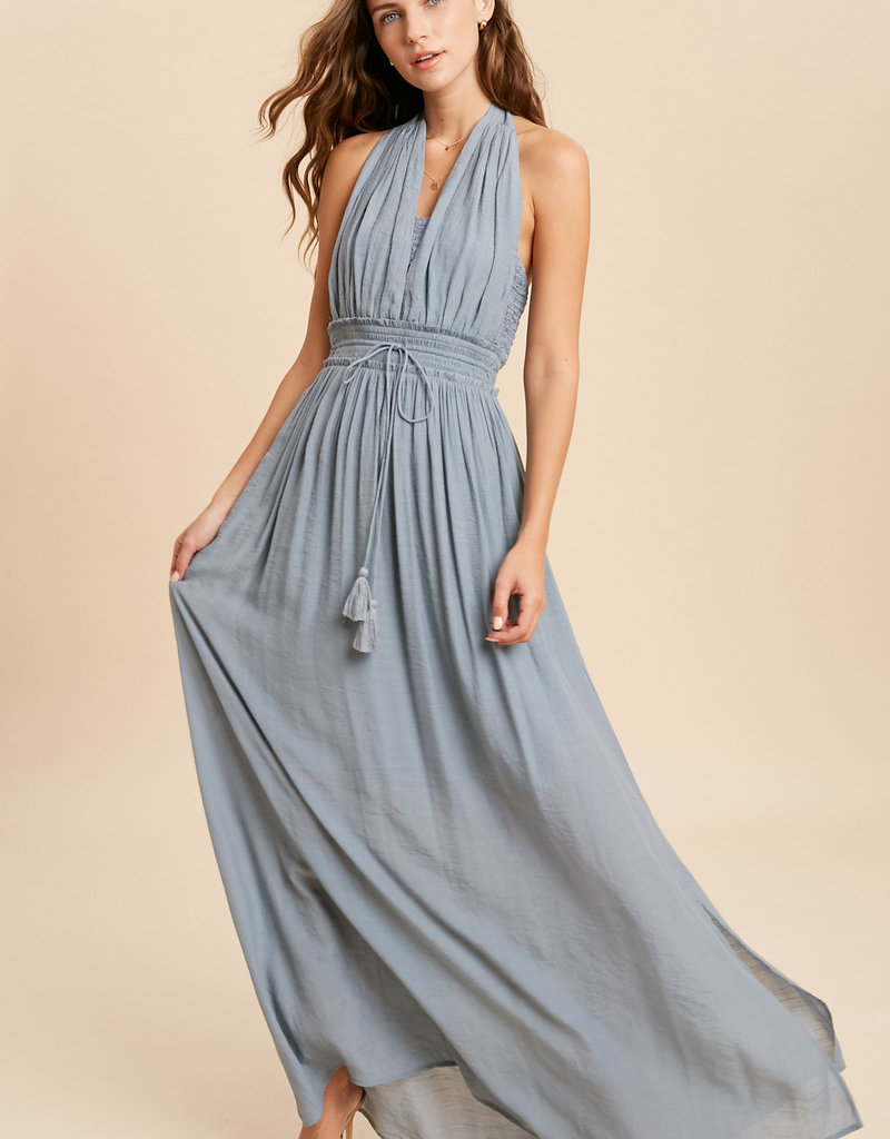 THE CHELSEA HALTER MAXI DRESS IN CLOUD BLUE