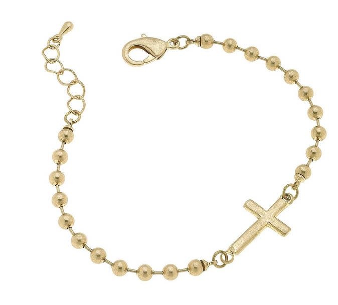 CANVAS GRACE CROSS BALL CHAIN BRACELET IN WORN GOLD CANVAS GRACE CROSS BALL CHAIN BRACELET IN WORN GOLD
