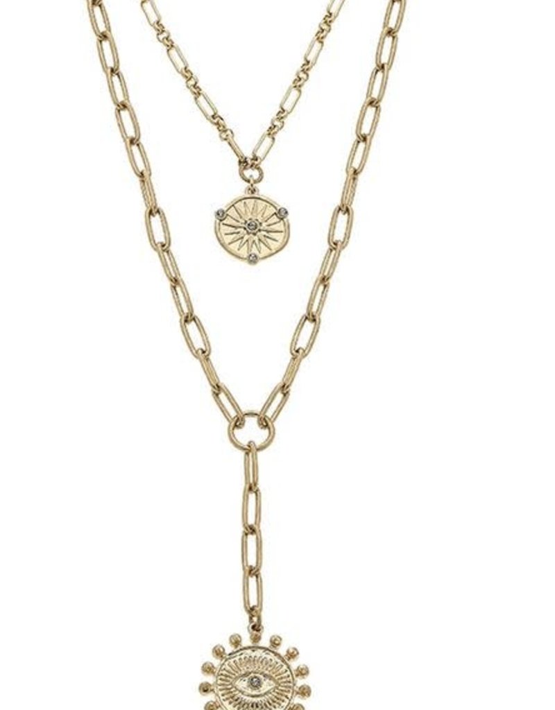 CANVAS RAINE LAYERED EVIL EYE TALISMAN NECKLACE IN WORN GOLD