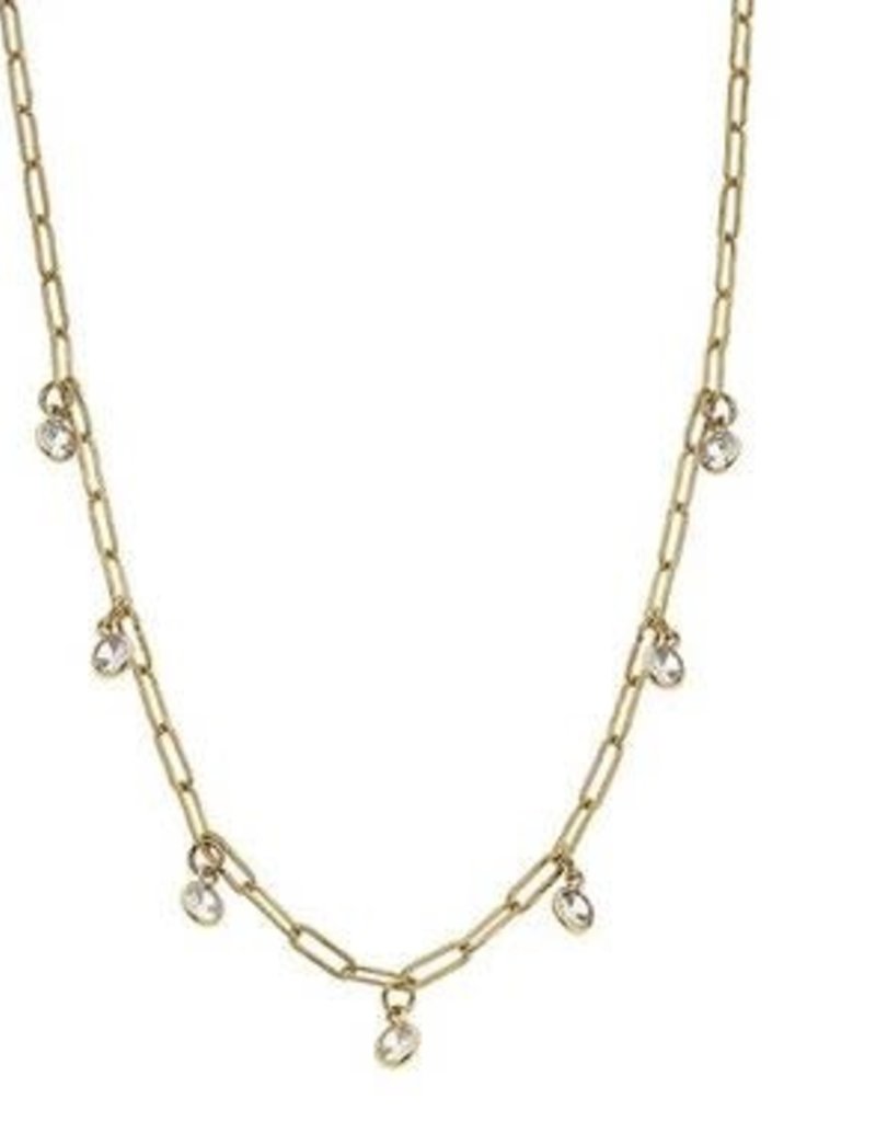 CANVAS LYRA PAPERCLIP CHAIN RHINESTONE DRIP NECKLACE IN WORN GOLD