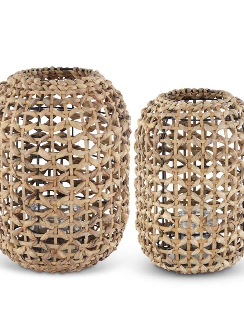 NATURAL WATER HYACINTH GRASS LANTERN W/GLASS VOTIVE