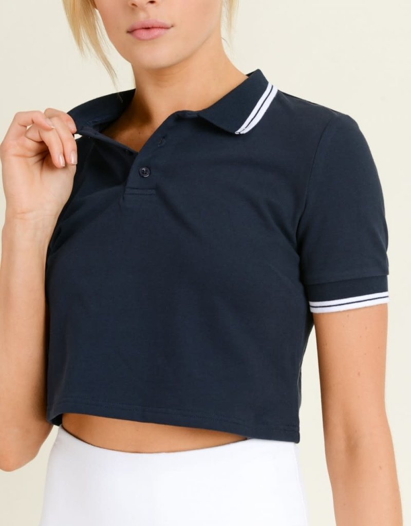 MONO B LANA NAVY CROP POLO W/STRIPED TRIM