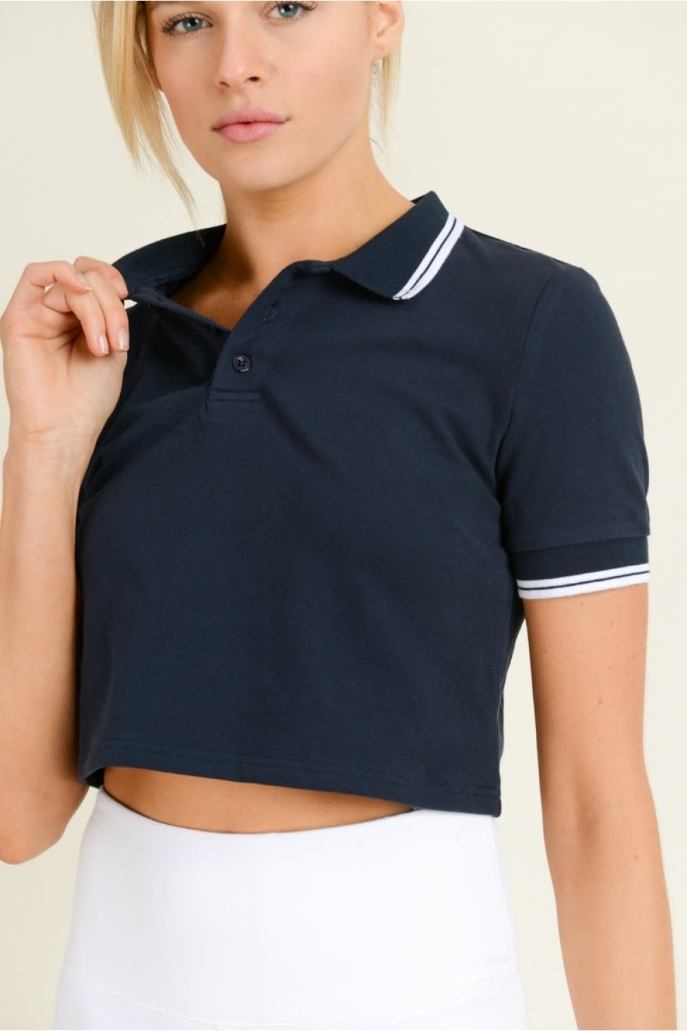 MONO B LANA NAVY CROP POLO W/STRIPED TRIM MONO B LANA NAVY CROP POLO W/STRIPED TRIM