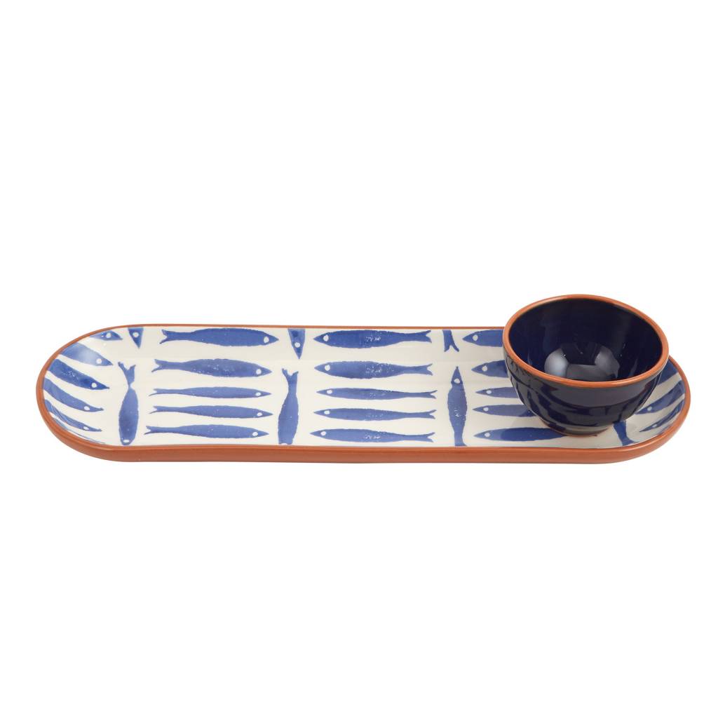 MUD PIE BLUE FISH TRAY WITH BOWL MUD PIE BLUE FISH TRAY WITH BOWL